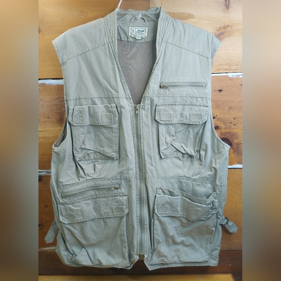 LL Bean Fishing Vest Mens Large Tropic Weight 100% Cotton Sleeveless Beige - Picture 1 of 6